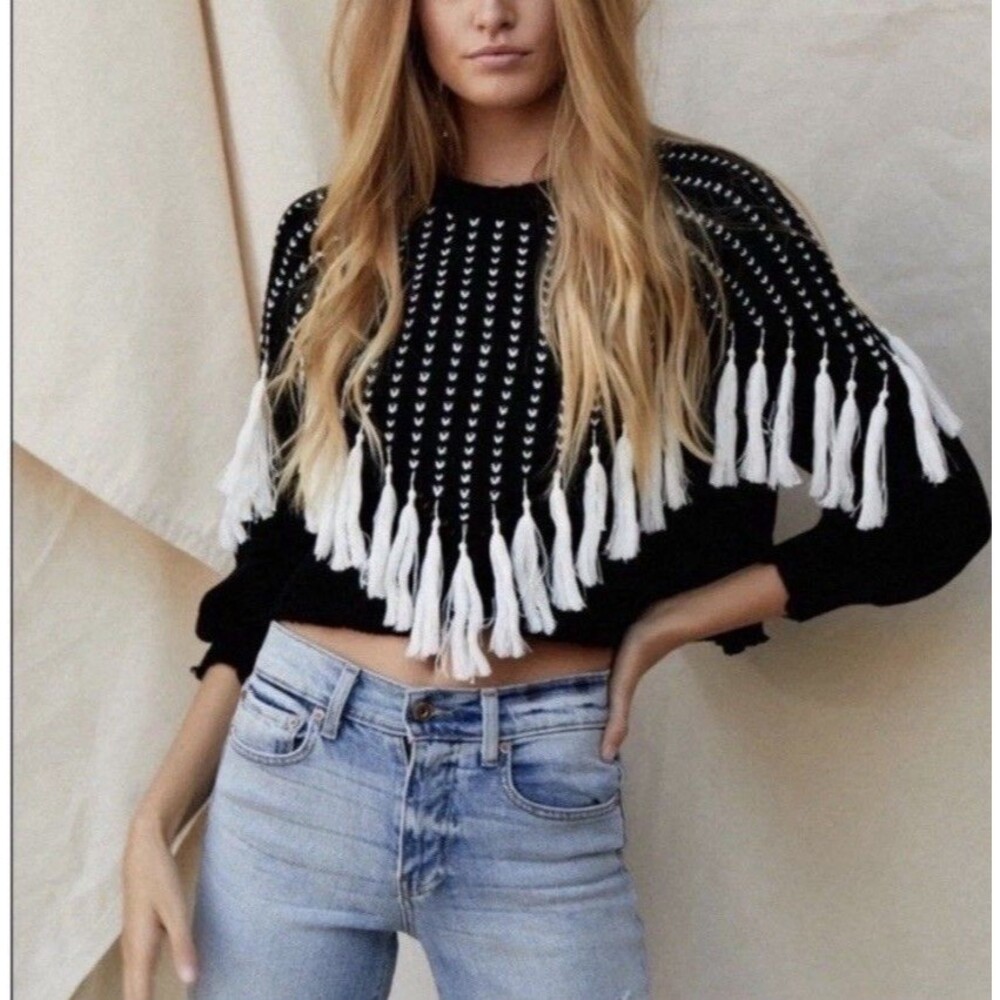 12th Tribe || Fringe Tassel Cropped Knit Sweater Top Western Boho Black White OS
